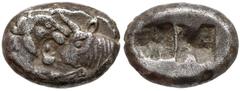 Ancient Coins Grecja, Lydia Krezus (Kroisos) 1/2 Statera AR Siglos VI wiek p.n.e. Lydia, 561-546 r. p.n.e.Monety lidyjskie są uznawane jako jedne z pierwszych monet na świecie.Awers: Protom lwa atakuj