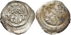 Medieval Österreich, Ottakar II. (1260-76), Pfennig Graz - König zwischen Schwertern Austria, Ottokar II (1260-76), Fenig Graz - król pomiędzy mieczami Awers: ukoronowana postać z krzyżem na piersi, p