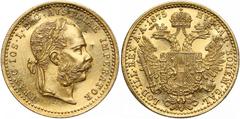 World Gold Coins Austria, Franz Joseph I, Ducat 1875 Austria, Franciszek Józef I, Dukat 1875 Lekko przeczyszczony (slightly cleaned), kilka skaleczeń (few scratches). Złoto (Au.986), średnica 20 mm, w