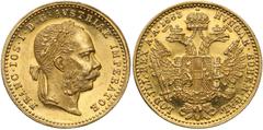 World Gold Coins Austria, Franz Joseph I, Ducat 1883 Austria, Franciszek Józef I, Dukat 1883 Lekko umyty (slightly cleaned). Złoto, średnica 19.9 mm, waga 3.49 g Reference: Krause KM# 2267 Grade: XF