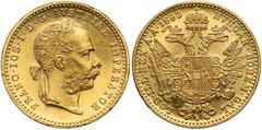 World Gold Coins Austria, Franz Joseph I, Ducat 1893 Austria, Franciszek Józef I, Dukat 1893 Lekko wymyty (slightly cleaned). Złoto, średnica 19.9 mm, waga 3.485 g Reference: Krause KM# 2267 Grade: ~X