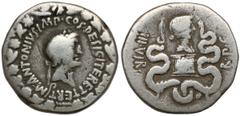 Ancient coins Republika, Marek Antoniusz i Oktawia (40-35 p.n.e.) Jonia, Efez, Cystofor (39 p.n.e.)Awers: Głowa Marka Antoniusza w wieńcu z liści bluszczu, poniżej lituus, w otoku legenda M ANTONIVS •