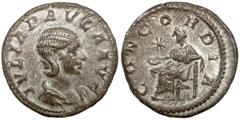 Ancient coins Julia Paula (219-220 n.e.) Denar, RzymAwers: Popiersie cesarzowej z draperii, w prawo IVLIA PAVLA AVGRewers: Concordia siedząca na tronie w lewo, trzymająca paterę, nad którą znajduje si
