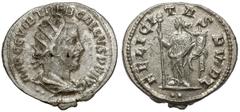 Ancient coins Trebonianus Gallus (251-253 n.e.) AntoninianAwers: Popiersie cesarza w koronie promienistej, zbroi i paludamentum w prawo, w otoku legenda IMP C C VIB TREB GALLVS P F AVGRewers: Felicita