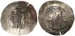 Ancient coins Izaak II Angelos, El Aspron Trachy, KonstantynopolAwers: Maria Dziewica, w nimbie siedząca na tronie, na wprost, w polach MP - ΘVRewers: Archanioł Michał koronujący stojącego na przeciwk