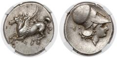Ancient Coins Greece, Korinth, AR Stater (375-300 BC) Greece, Korinth, AR Stater (375-300 BC) Obverse: Pegasus flying left, koppa below. Reverse: Head of Athena left, wearing Corinthian helmet with ne