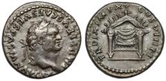 Ancient Coins Titus (79-81 AD) Denarius, RomeObverse: IMP TITVS CAES VESPASIAN AVG P MLaureate head right. Reverse: TR P IX IMP XV COS VIII P PPulvinar. Silver, diameter 16,8 mm, weight 3,23 g. Awers: