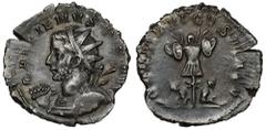 Ancient Coins Gallienus (258-268 AD) Antoninian, LugdunumObverse: GALLIENVS PF AVGRadiate and cuirassed bust left, holding spear and shield. Reverse: GERMANICVS MAX VTrophy, two captives. Bilon, diame