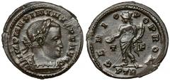 Ancient Coins Maximinus II Daia (305-313 AD) Follis, TreveriObverse: IMP MAXIMIANVS P F AVGLaureate and cuirassed bust right. Reverse: GENIO POP ROM / PTR / T / FGenius standing left, holding patera a