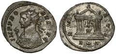 Ancient Coins Probus (276-282 AD) Antoninian, RomeObverse: IMP PROBVS AVGRadiate bust left in consular robe, holding eagle-tipped sceptre (scipio). Reverse: ROMAE AETER / RᴗEHexastyle temple, Roma sea