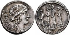 An American Collection M. Junius Brutus, 54 BC. Denarius (Silver, 18 mm, 4.11 g, 11 h), Rome. LIBERTAS Head of Libertas to right, wearing pendant earring and necklace. Rev. BRVTVS The consul L. Junius