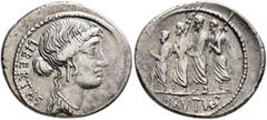 An American Collection M. Junius Brutus, 54 BC. Denarius (Silver, 20 mm, 4.00 g, 12 h), Rome. LIBERTAS Head of Libertas to right, wearing pendant earring and necklace. Rev. BRVTVS The consul L. Junius