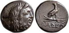 Greek BITHYNIA. Dia. Early to mid 1st century BC. AE (Bronze, 17 mm, 5.73 g, 12 h). XABAKTΩN Laureate head of Zeus to right. Rev. ΔIAΔEΩ[N] Eagle standing right on thunderbolt, wings closed and head t