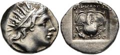 Greek ISLANDS OFF CARIA, Rhodos. Rhodes. Circa 88-84 BC. Drachm (Silver, 14 mm, 2.43 g, 12 h), 'Plinthophoric' coinage, Nikephoros, magistrate. Radiate head of Helios to right. Rev. ΝΙΚΗΦΟΡΟΣ / P - O 