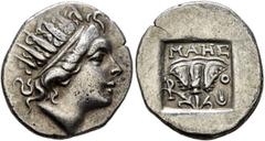 Greek ISLANDS OFF CARIA, Rhodos. Rhodes. Circa 88-84 BC. Drachm (Silver, 15 mm, 2.33 g, 12 h), 'Plinthophoric' coinage, Maes, magistrate. Radiate head of Helios to right. Rev. MAHΣ / P - O Rose with b