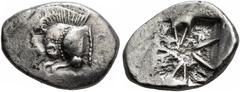 Greek DYNASTS OF LYCIA. Uncertain dynast, circa 500-480 BC. Trihemiobol (?) (Silver, 14 mm, 1.48 g). Forepart of a boar to left. Rev. Rough incuse square with geometric pattern. BMC -. Müseler -. Stru
