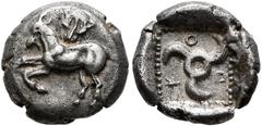 Greek DYNASTS OF LYCIA. Kuprilli, circa 470/60-440/35 BC. Diobol (Silver, 10 mm, 1.56 g). Goat jumping left; above, facing head of a panther; all on a raised disc. Rev. 𐊋𐊒𐊓 ('kop' in Lycian) Triske