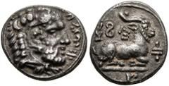 Greek CYPRUS. Salamis. Evagoras I, circa 411-374 BC. Diobol (Silver, 12 mm, 1.49 g, 2 h). [𐠁𐠄𐠲[𐠍𐠦 ('e-u-wa-ko-ro' in Cypriot syllabic script) Head of Herakles to right, wearing lion skin headdres