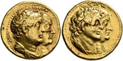 Greek PTOLEMAIC KINGS OF EGYPT. Ptolemy II Philadelphos, with Arsinöe II, Ptolemy I, and Berenike I, 285-246 BC. Mnaieion or Oktadrachm (Gold, 27 mm, 27.79 g, 12 h), Alexandria, circa 272-261/0. AΔEΛΦ