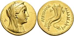 Greek PTOLEMAIC KINGS OF EGYPT. Arsinoe II, wife of Ptolemy II, died 270 BC. Mnaieion or Oktadrachm (Gold, 29 mm, 27.75 g, 12 h), Alexandria, struck under Ptolemy II, circa 252/1-250/49. Veiled head o