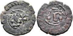 Central Asian SASANIAN KINGS. Bahram IV, 388-399. Pashiz (Bronze, 18 mm, 2.19 g). Draped bust of Bahram IV, to right, wearing winged mural crown with korymbos; before bust, tamgha. Rev. Fire altar wit