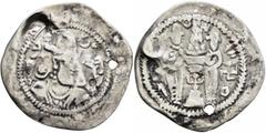 Central Asian HUNNIC TRIBES, Hephthalites. Circa 484/8-560. Drachm (Silver, 28 mm, 3.13 g, 11 h), anonymous type. Draped and bearded Sasanian style bust to right, wearing the crown of Khosrau I; behin