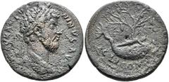 Roman Provincial CORINTHIA. Corinth. Marcus Aurelius, 161-180. Diassarion (Bronze, 26 mm, 10.16 g, 12 h). M AVR ANTONINVS AVG Laureate head of Marcus Aurelius to right. Rev. C L I COR Melikertes-Palai