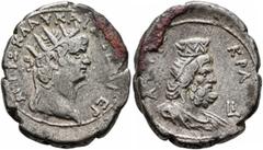 Roman Provincial EGYPT. Alexandria. Nero, 54-68. Tetradrachm (Billon, 28 mm, 12.86 g, 12 h), RY 10 = 63/4. ΝΕΡΩ ΚΛΑY ΚΑΙΣ ΣΕB ΓΕΡ Radiate head of Nero to right. Rev. ΑΥΤΟΚΡΑ / L Ι Draped bust of Serap
