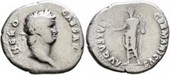 Roman Imperial Nero, 54-68. Denarius (Silver, 19 mm, 3.01 g, 6 h), Rome, 64-65. NERO CAESAR Laureate head of Nero to right. Rev. AVGVSTVS GERMANICVS Nero, radiate and togate, standing front, holding b