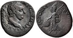 Roman Imperial Vitellius, 69. Denarius (Silver, 18 mm, 3.41 g, 2 h), Lugdunum. A VITELLIVS IMP GERMAN Laureate head of Vitellius to left, with small globe below point of bust. Rev. VICTORIA AVGVSTI Vi