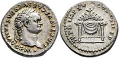 Roman Imperial Titus, 79-81. Denarius (Silver, 17 mm, 3.59 g, 6 h), Rome, 80. IMP•TITVS CAES VESPASIAN AVG P M• Laureate head of Titus to right. Rev. TR P IX IMP XV COS VIII P P Pulvinar of Jupiter an
