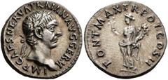 Roman Imperial Trajan, 98-117. Denarius (Silver, 17 mm, 3.23 g, 6 h), Rome, February 98-autumn 99. IMP CAES NERVA TRAIAN AVG GERM Laureate head of Trajan to right. Rev. PONT MAX TR POT COS II Pax stan
