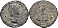 Roman Imperial Trajan, 98-117. Sestertius (Orichalcum, 34 mm, 24.33 g, 6 h), Rome, 116-117. IMP CAES NER TRAIANO OPTIMO AVG GER DAC PARTHICO P M TR P COS VI P P Laureate and draped bust of Trajan to r