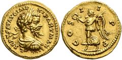Roman Imperial Septimius Severus, 193-211. Aureus (Gold, 20 mm, 7.09 g, 11 h), Laodicea ad Mare, 201. L SEPT SEV AVG IMP XI PART MAX Laureate, draped and cuirassed bust of Septimius Severus to right, 