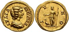 Roman Imperial Julia Domna, Augusta, 193-217. Aureus (Gold, 20 mm, 7.35 g, 12 h), Rome, 206. IVLIA AVGVSTA Draped bust of Julia Domna to right. Rev. IVNO Juno, veiled, standing front, head to left, ho