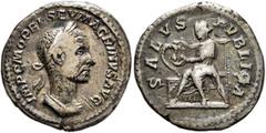 Roman Imperial Macrinus, 217-218. Denarius (Silver, 18 mm, 3.11 g, 6 h), Rome, spring-summer 217. IMP C M OPEL SEV MACRINVS AVG Laureate and cuirassed bust of Macrinus to right. Rev. SALVS PVBLICA Sal