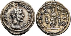 Roman Imperial Macrinus, 217-218. Denarius (Silver, 20 mm, 3.23 g, 6 h), Rome, spring-summer 217. IMP C M OPEL SEV MACRINVS AVG Laureate and cuirassed bust of Macrinus to right. Rev. FIDES MILITVM Fid
