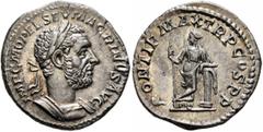 Roman Imperial Macrinus, 217-218. Denarius (Silver, 19 mm, 3.08 g, 6 h), Rome, summer 217-early 218. IMP C M OPEL SEV MACRINVS AVG Laureate and cuirassed bust of Macrinus to right. Rev. PONTIF MAX TR 