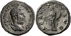 Roman Imperial Macrinus, 217-218. Denarius (Silver, 18 mm, 2.79 g, 6 h), Rome, March-June 218. IMP C M OPEL SEV MACRINVS AVG Laureate and draped bust of Macrinus to right, seen from behind. Rev. AEQVI