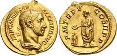 Roman Imperial Severus Alexander, 222-235. Aureus (Gold, 20 mm, 6.65 g, 12 h), Rome, 226. IMP C M AVR SEV ALEXAND AVG Laureate and draped bust of Severus Alexander to right, seen from behind. Rev. P M