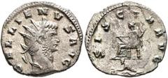 Roman Imperial Gallienus, 253-268. Antoninianus (Silvered bronze, 21 mm, 3.06 g, 12 h), Siscia, 264-265. GALLIENVS AVG Radiate head of Gallienus to right. Rev. SISCIA AVG Siscia seated left, holding f