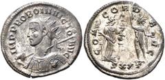 Roman Imperial Probus, 276-282. Antoninianus (Silvered bronze, 23 mm, 3.79 g, 5 h), Ticinum, 277-278. IMP PROBO INVICTO AVG Radiate and cuirassed bust of Probus to left, holding spear over his right s