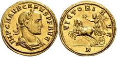 Roman Imperial Carus, 282-283. Aureus (Gold, 20 mm, 4.60 g, 6 h), Cyzicus, late 282-early 283. IMP C M AVR CARVS P F AVG Laureate, draped and cuirassed bust of Carus to right. Rev. VICTORI (sic!) AVG 
