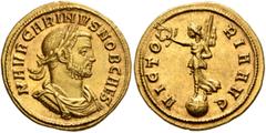 Roman Imperial Carinus, as Caesar, 282-283. Aureus (Gold, 19 mm, 4.58 g, 6 h), Siscia, 282. M AVR CARINVS NOB CAES Laureate, draped and cuirassed bust of Carinus to right. Rev. VICTORIA AVG Victory st