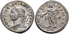 Roman Imperial Diocletian, 284-305. Follis (Silvered bronze, 26 mm, 9.19 g, 7 h), Treveri, circa 298-299. IMP DIOCLETIANVS P F AVG Laureate head of Diocletian to left. Rev. GENIO POPVLI ROMANI / A - ✱