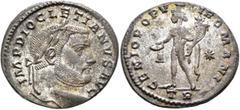 Roman Imperial Diocletian, 284-305. Follis (Silvered bronze, 27 mm, 8.92 g, 6 h), Treveri, circa 298-299. IMP DIOCLETIANVS AVG Laureate head of Diocletian to right. Rev. GENIO POPVLI ROMANI / A - ✱ / 