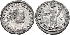 Roman Imperial Diocletian, 284-305. Follis (Silvered bronze, 27 mm, 9.68 g, 6 h), Treveri, circa 300-301. IMP DIOCLETIANVS P AVG Laureate and cuirassed bust of Diocletian to right. Rev. M•SACRA AVGG E