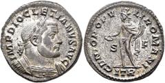 Roman Imperial Diocletian, 284-305. Follis (Silvered bronze, 27 mm, 9.78 g, 1 h), Treveri, circa 302-303. IMP DIOCLETIANVS AVG Laureate and cuirassed bust of Diocletian to right. Rev. GENIO POPVLI ROM