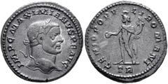 Roman Imperial Maximianus, first reign, 286-305. Follis (Silvered bronze, 26 mm, 9.25 g, 6 h), Treveri, circa 294. IMP C MAXIMIANVS P F AVG Laureate head of Maximianus to right. Rev. GENIO POPVLI ROMA