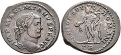 Roman Imperial Maximianus, first reign, 286-305. Follis (Silvered bronze, 28 mm, 11.00 g, 6 h), Treveri, circa 295. IMP MAXIMIANVS P F AVG Laureate head of Maximianus to right. Rev. GENIO POPVLI ROMAN